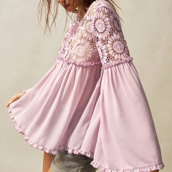 Pink Casual Women's Bohemian Style V-Neck Loose Long Sleeve Blouse - Picture 4 of 7